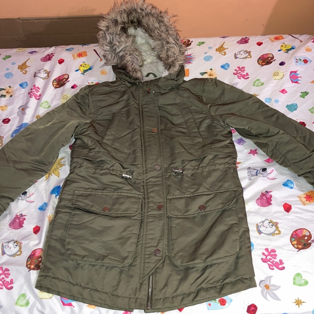 Olive Utility Jacket with Faux Fur Hood